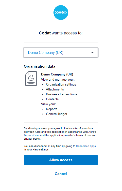The Xero access request pop-up window that prompts the user to allow Codat access to data of the Xero demo company. Xero app authorization window