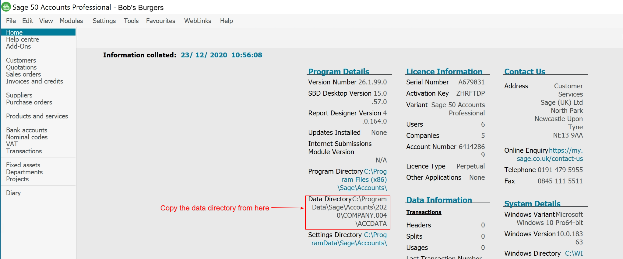 A screenshot of the interface of Sage 50 Accounts accounting software, with the About section open for Bob's Burgers example company. Among program details, license information and contact details, data directory information is pointed out using a red box and arrow.